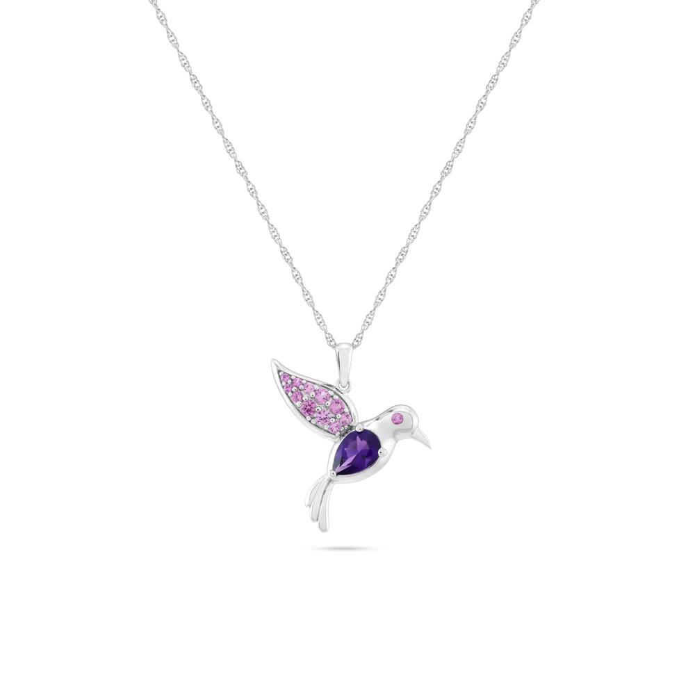 Purple Amethyst &amp; Lab-Created Pink Sapphire Hummingbird Pendant Necklace in Sterling Silver – Image 1 of 4