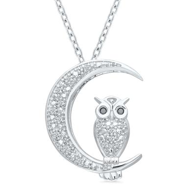 Owl and Moon Diamond Accent Pendant in Sterling Silver