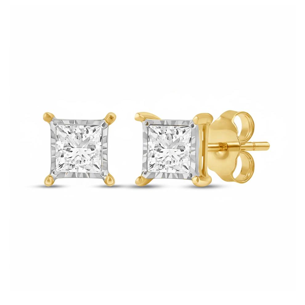 Lab Grown Princess-Cut Diamond Illusion Stud Earrings in 10K Yellow Gold (3/4 ct. tw.) – Image 3 of 4