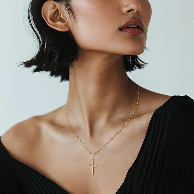 Tricolor Bead Cross Necklace in 14K Gold – Image 5 of 5