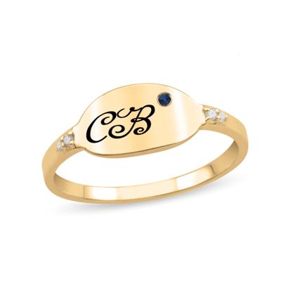 Personalized Engravable Birthstone and Diamond Accent Signet Ring
