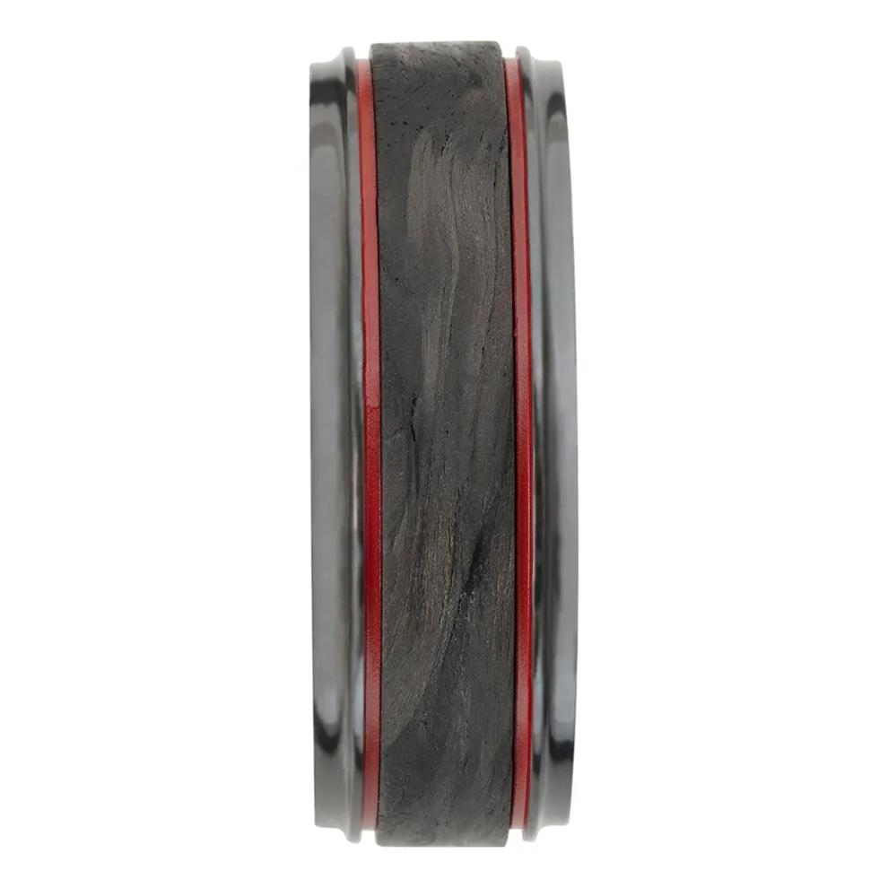 Men&rsquo;s Wedding Band with Red Cerakote in Carbon Fiber &amp; Black Zirconium, 8mm – Image 3 of 3