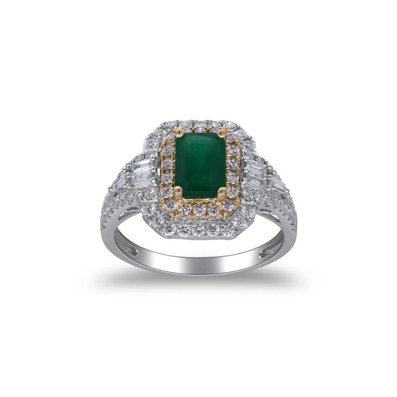 Emerald and Diamond Halo Ring in Two-Tone 14K White &amp; Yellow Gold &#40;3/4 ct. tw.&#41; – Image 1 of 5