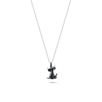 Diamond Accent Black Rhodium Origami Cat Pendant Necklace in Sterling Silver