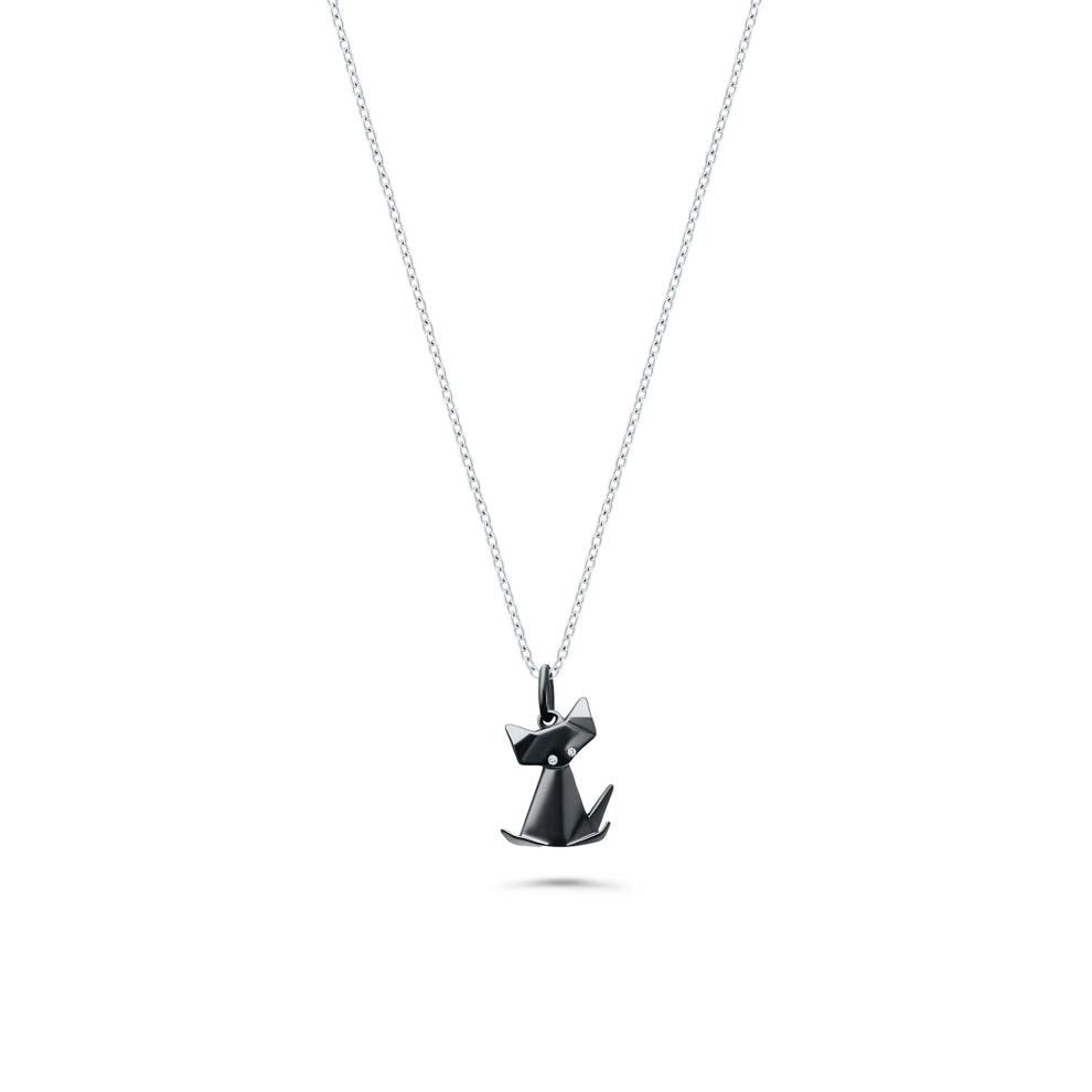 Diamond Accent Black Rhodium Origami Cat Pendant Necklace in Sterling Silver – Image 1 of 4