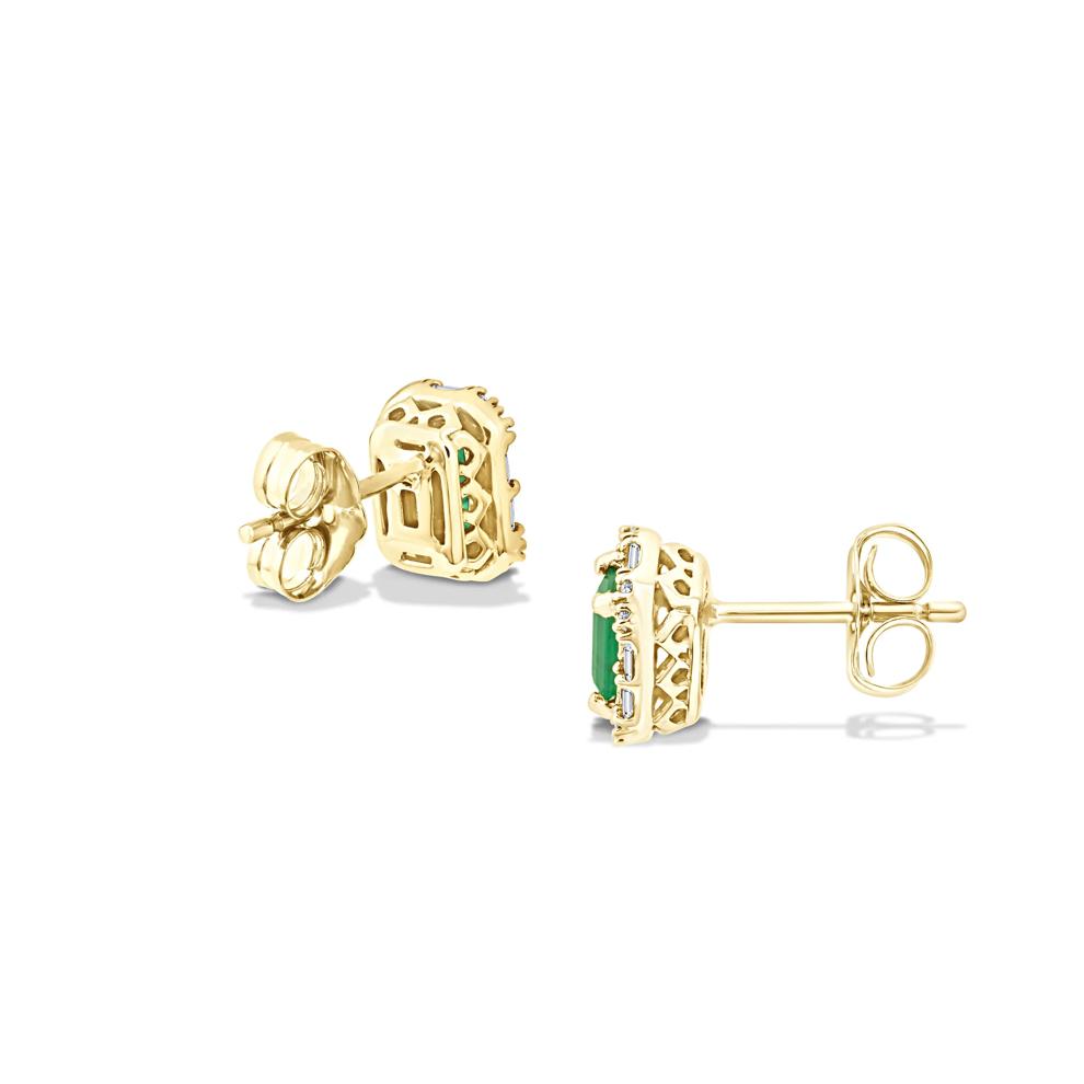 Emerald &amp; Diamond Art Deco-Inspired Halo Stud Earrings in 10K Yellow Gold (1/5 ct. tw.) – Image 2 of 2