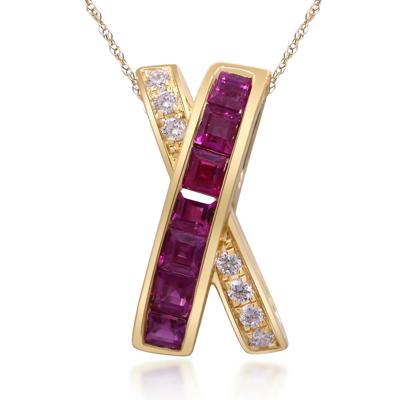 Ruby & Diamond Accent Curved X Pendant Necklace in 10K Yellow Gold