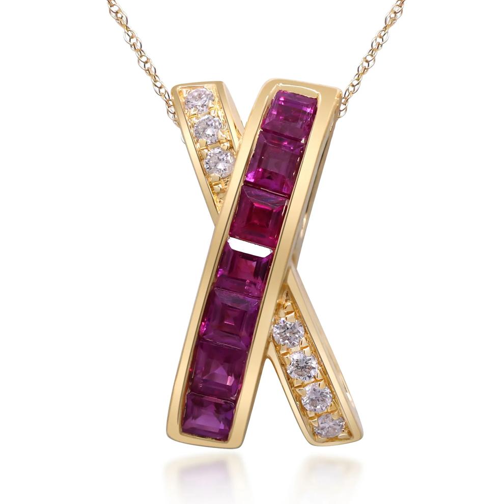 Ruby &amp; Diamond Accent Curved X Pendant Necklace in 10K Yellow Gold – Image 1 of 4