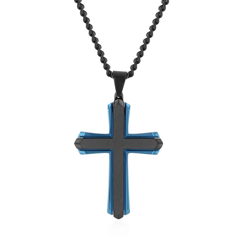 Cross Pendant in Black and Blue Ion-Plated Stainless Steel – Image 1 of 3