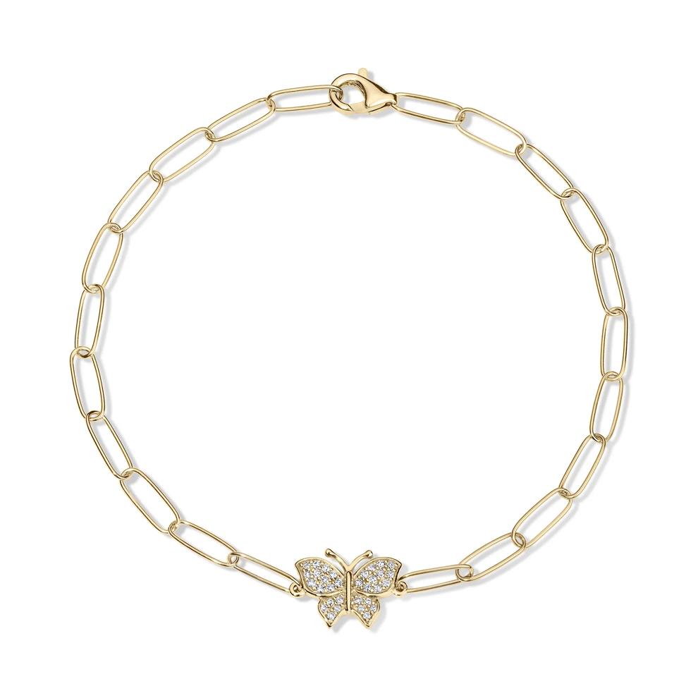 Diamond Butterfly Paperclip Bracelet in 10K Yellow Gold (1/8 ct. tw.) – Image 2 of 2