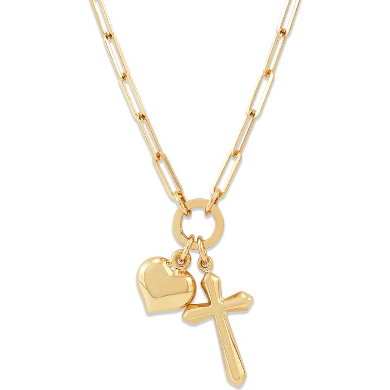 Heart &amp; Cross Charm Paperclip Chain Necklace in 14K Yellow Gold – Image 1 of 3