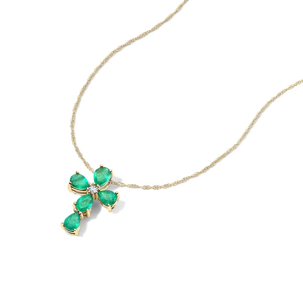 Emerald &amp; Diamond Accent Cross Pendant Necklace in 10K Yellow Gold – Image 4 of 4