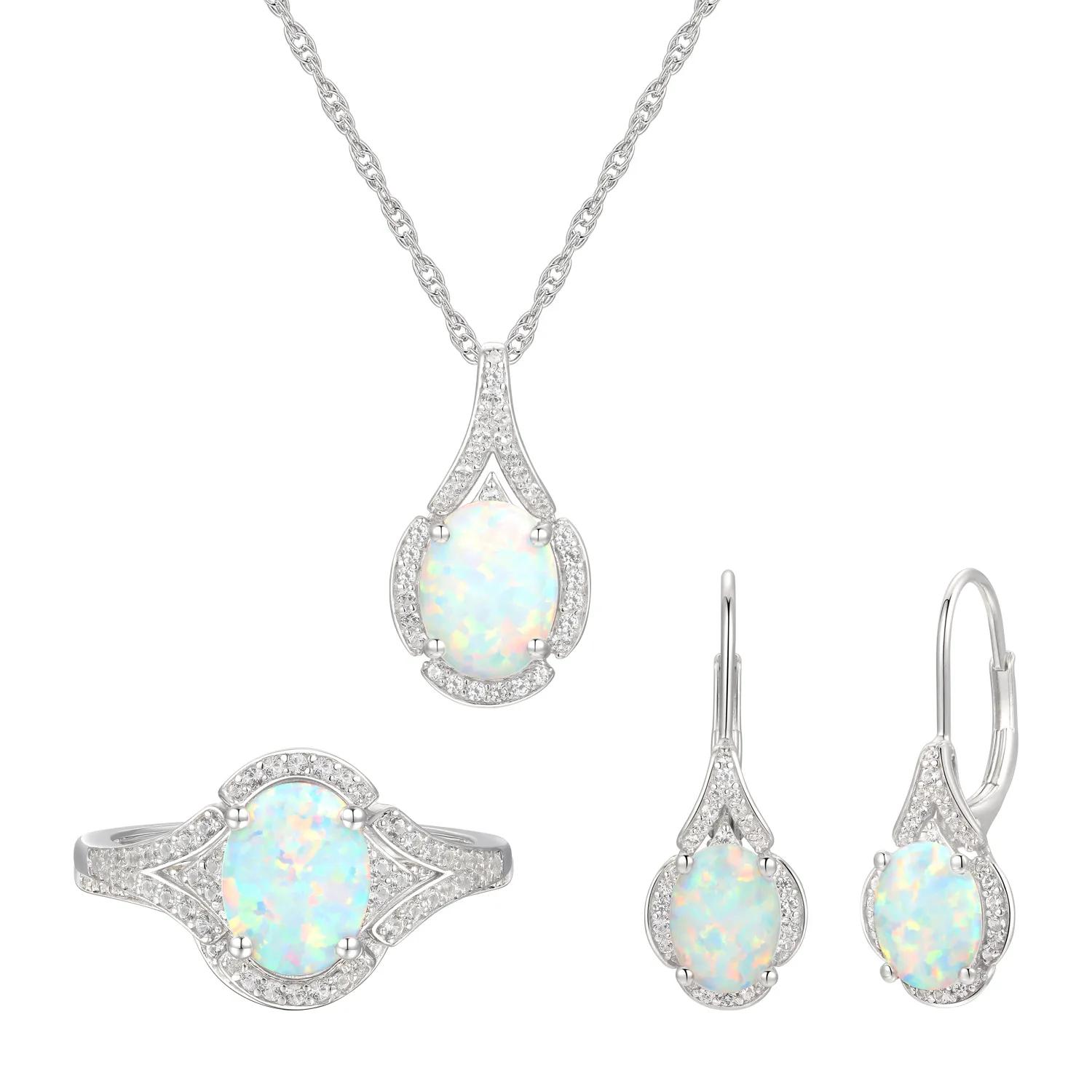 Birthstone Jewelry Set - Created Opal Halo Pendant & Stud Earrings, 18K White Gold Plated, Sterling Silver, Women's Gift