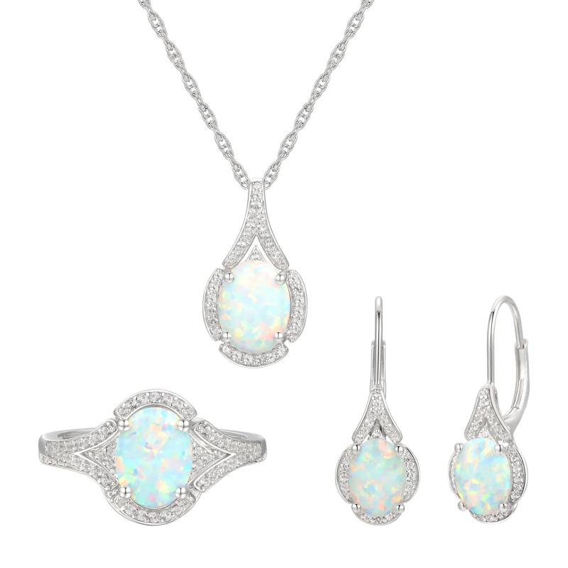 Oval Opal &amp; Lab Created White Sapphire Earring, Pendant &amp; Ring Set in Sterling Silver – Image 1 of 9