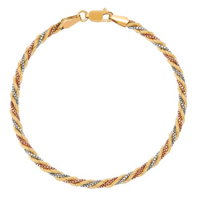 Silk Rope Box Chain Bracelet in 10K Yellow, White & Rose Gold, 7.5"