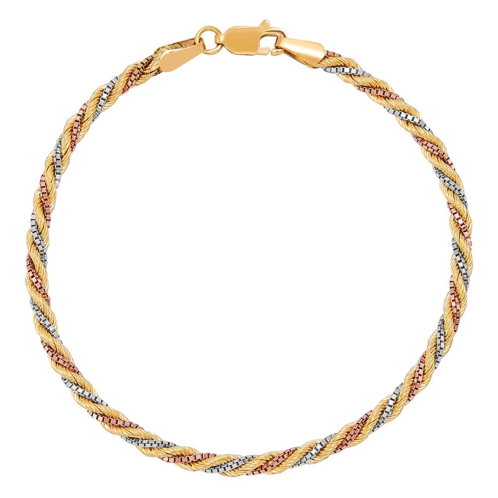 Silk Rope Box Chain Bracelet in 10K Yellow, White &amp; Rose Gold, 7.5" – Image 1 of 1