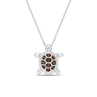 Lab-Created White Sapphire and Smoky Brown Quartz Turtle Pendant in Sterling Silver