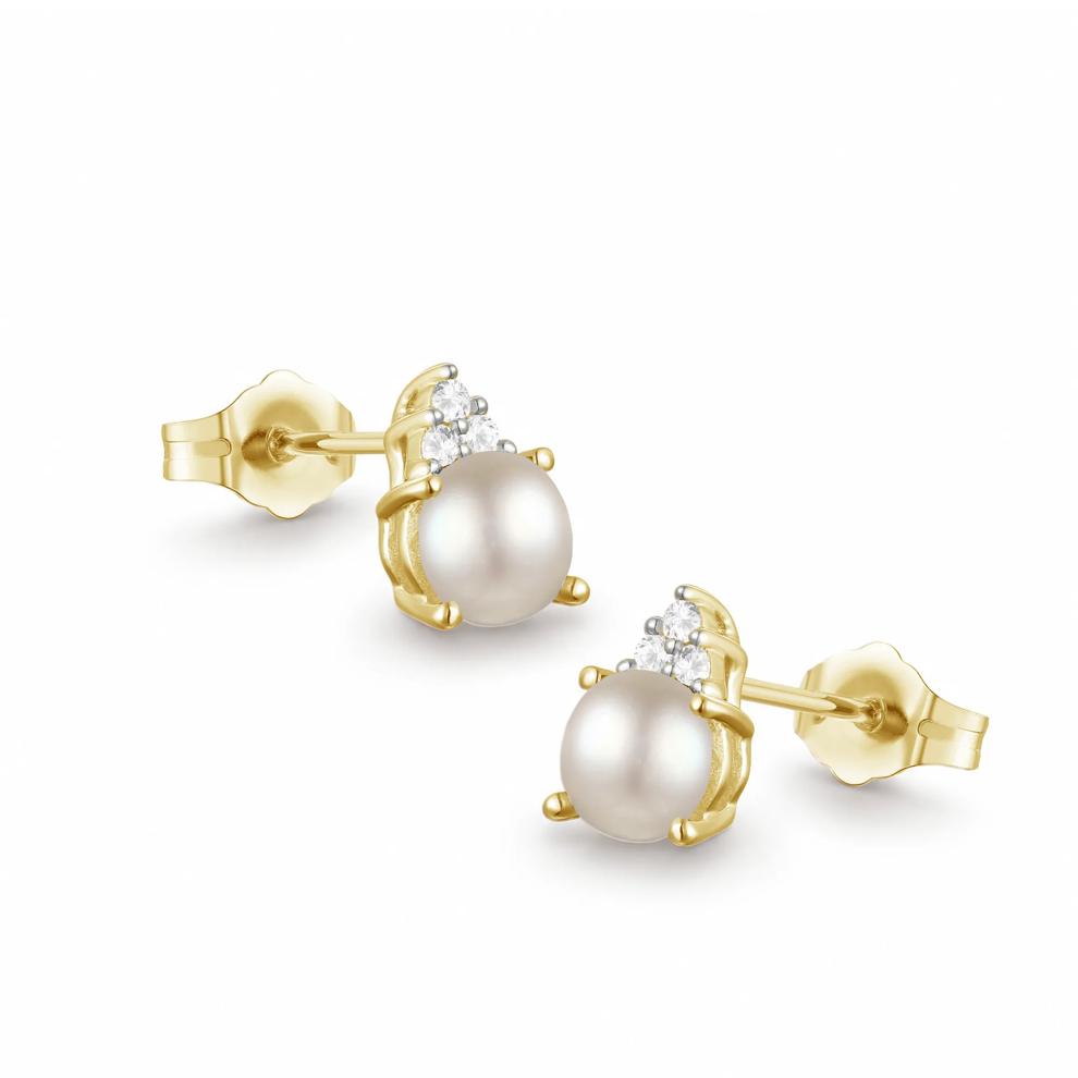 Freshwater Cultured Pearl &amp; Diamond Accent Stud Earrings in 14K Yellow Gold – Image 1 of 2