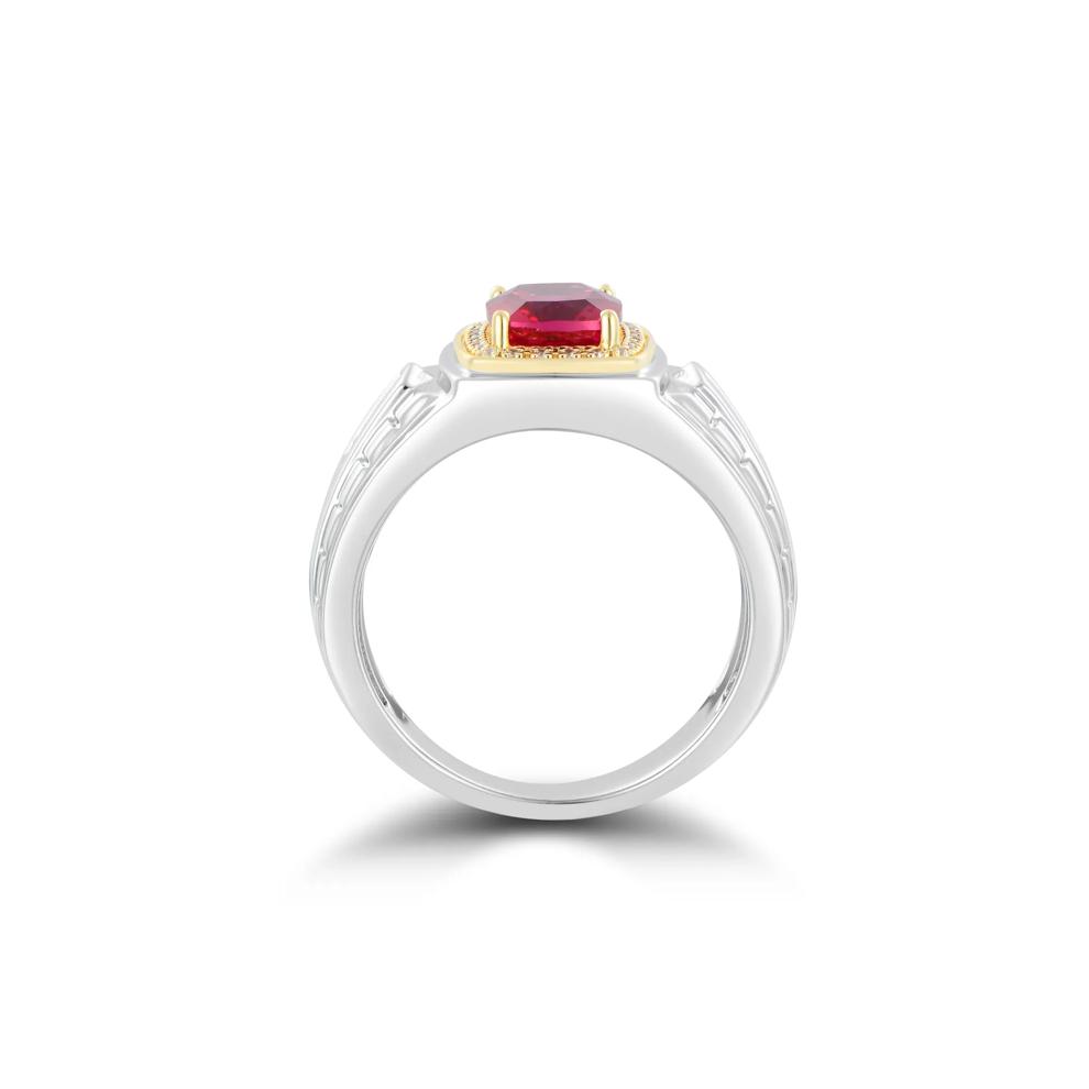 Men's Lab-Created Ruby and Diamond Ring in Sterling Silver and 10K Yellow Gold (1/8 ct. tw.) – Image 2 of 3