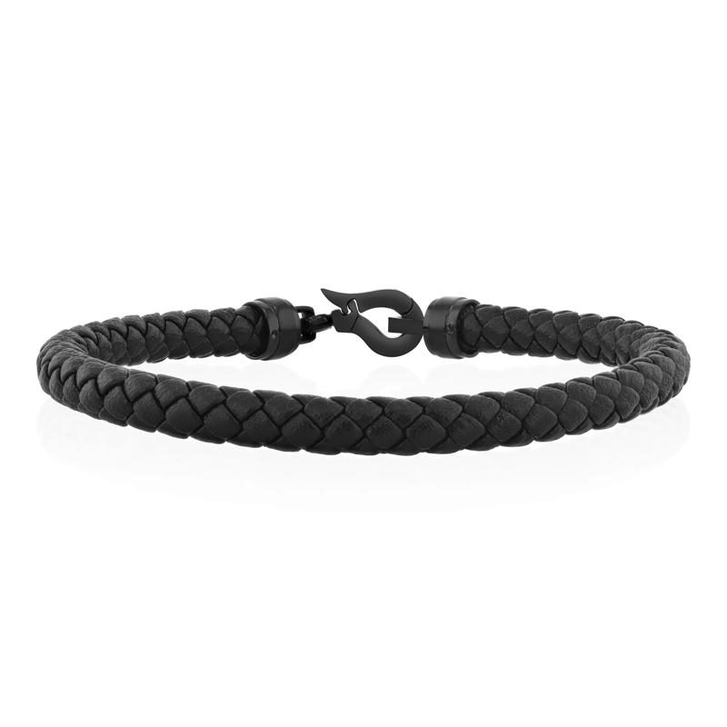 Black Leather Cord Bracelet in Ion-Plated Stainless Steel – Image 1 of 3