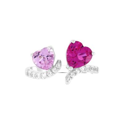 Lab-Created Pink Sapphire & Lab-Created White Sapphire Toi et Moi Hearts Open-Front Ring in Sterling Silver