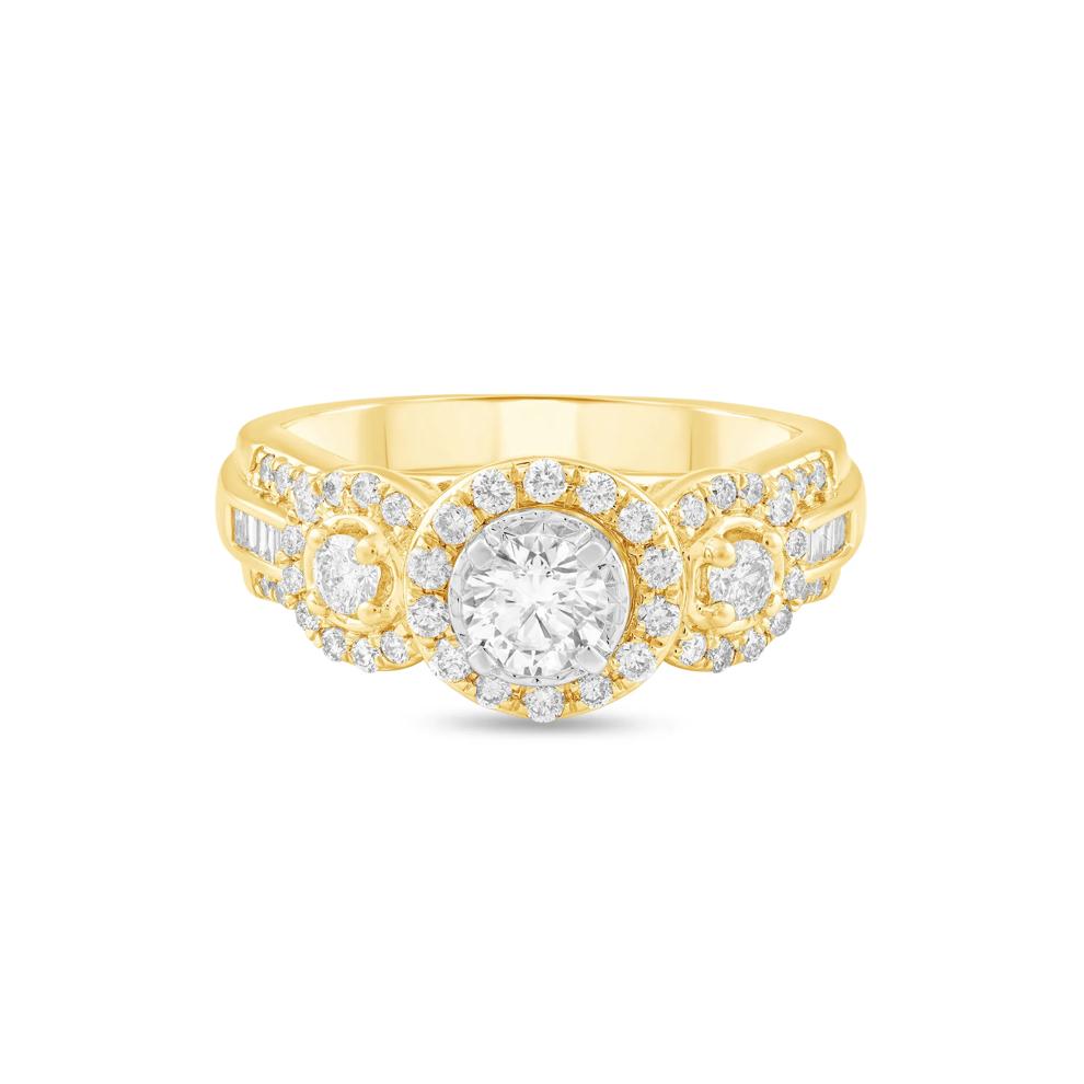 Diamond Round Halo Three-Stone Ring in 14K Yellow &amp; White Gold (1 ct. tw.) – Image 1 of 4