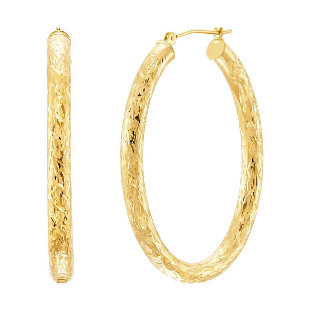 Polished Diamond-Cut Tube Oval Hoop Earrings in 10K Yellow Gold, 40MM – Image 2 of 3