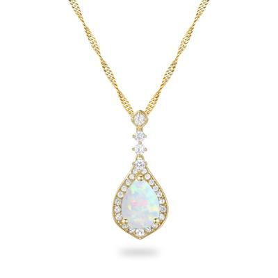 Pear-Shaped Opal & Round Diamond Pendant Necklace in 10K Yellow Gold (1/5 ct. tw.)