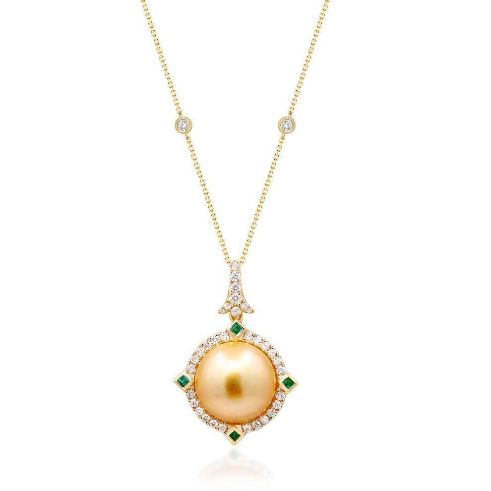 South Sea Pearl, Emerald &amp; Diamond Pendant Necklace in 14K Yellow Gold (1/2 ct. tw.) – Image 1 of 3