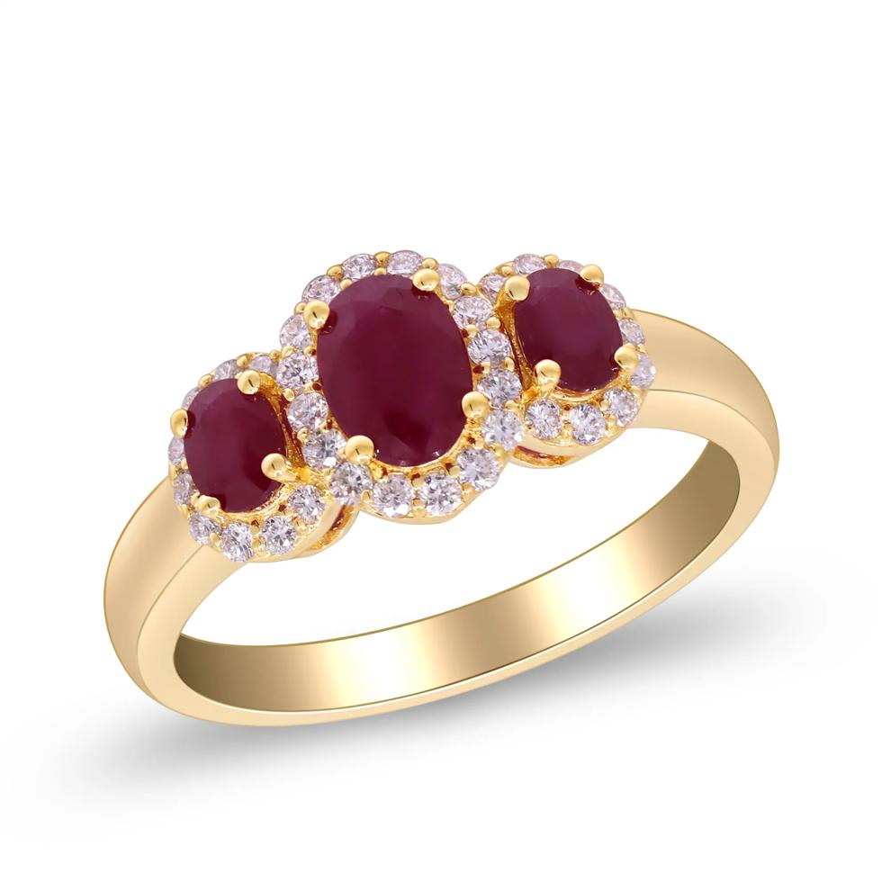 Oval Ruby &amp; Diamond Three-Stone Halo Ring in 10K Yellow Gold (1/4 ct. tw.) – Image 4 of 4