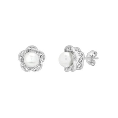 Freshwater Cultured Pearl and Diamond Accent Flower Stud Earrings in Sterling Silver