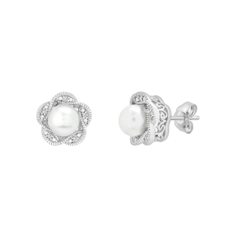 Freshwater Cultured Pearl and Diamond Accent Flower Stud Earrings in Sterling Silver – Image 1 of 1