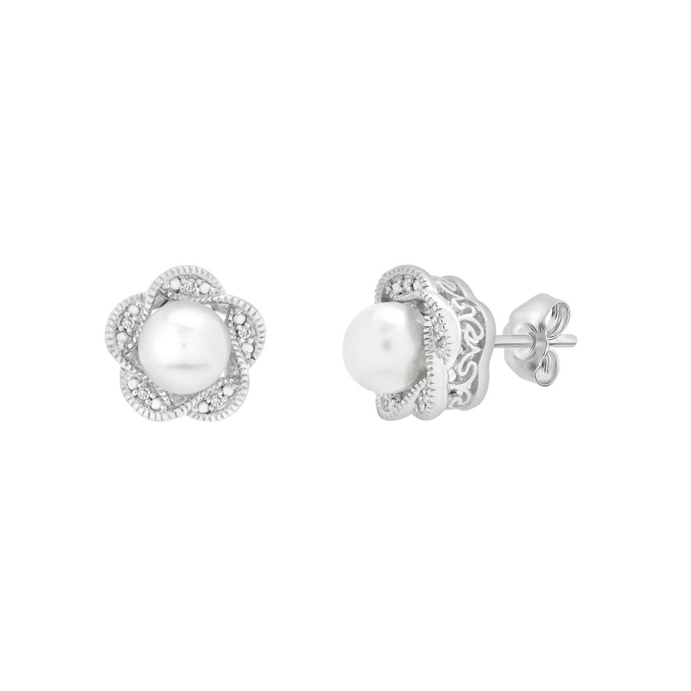 Freshwater Cultured Pearl and Diamond Accent Flower Stud Earrings in Sterling Silver – Image 1 of 1