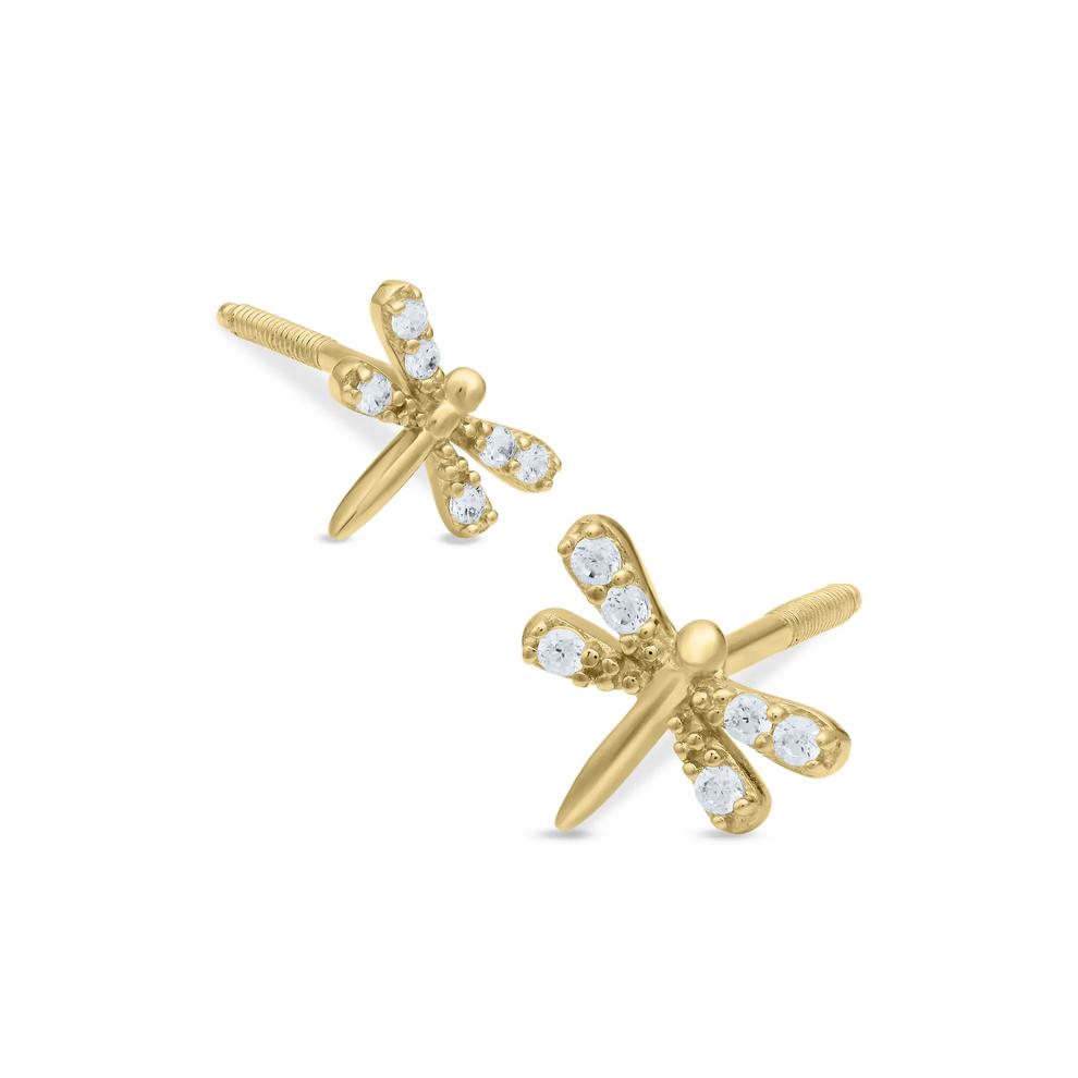 Children's White Cubic Zirconia Dragonfly Stud Earrings in 14K Yellow Gold – Image 1 of 2