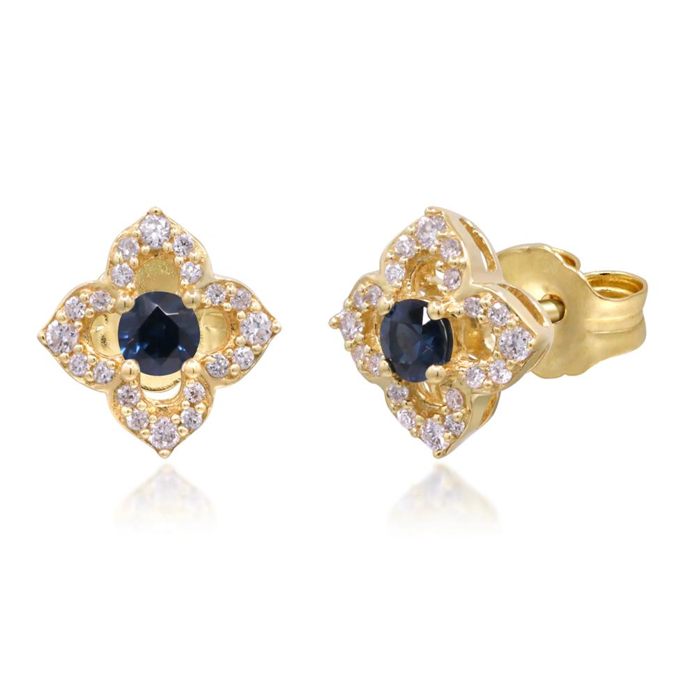Blue Sapphire &amp; Diamond Clover Stud Earrings in 10K Yellow Gold (1/7 ct. tw.) – Image 2 of 3