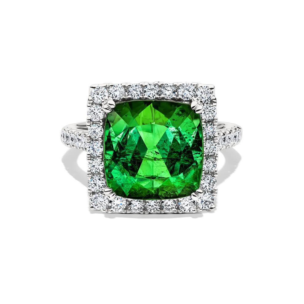 Green Tourmaline &amp; Diamond Halo Ring in 14K White Gold (7/8 ct. tw.) – Image 1 of 2