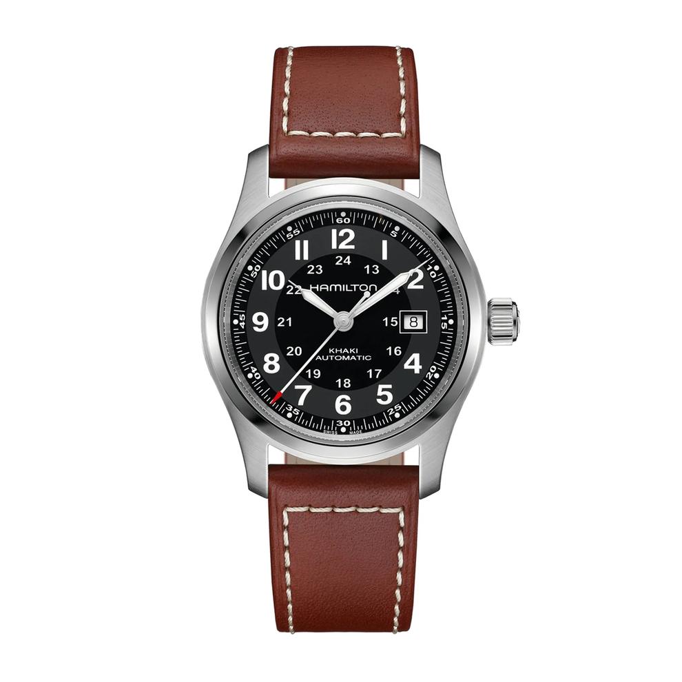 Men's Khaki Field Auto Watch with Brown Leather Strap – Image 1 of 4
