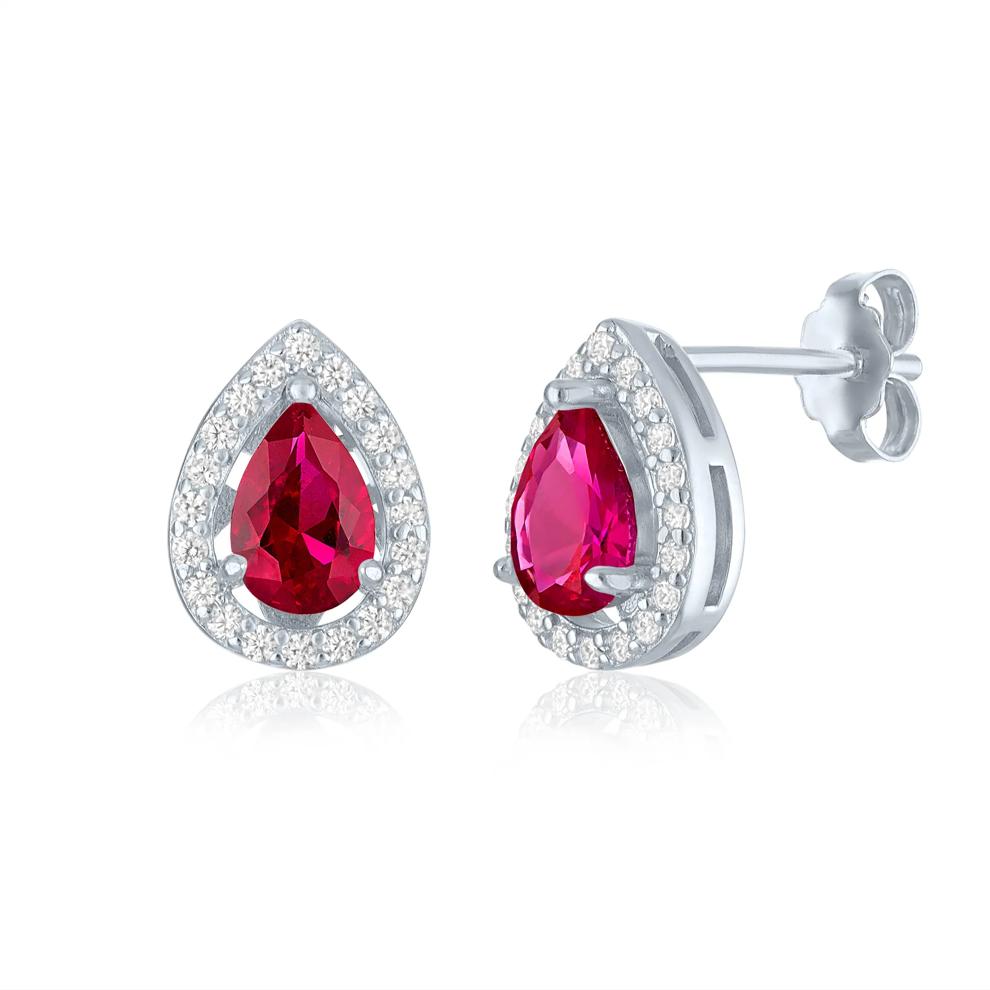 Lab-Created Ruby &amp; Diamond Halo Stud Earrings in Sterling Silver (1/5 ct. tw.) – Image 2 of 2