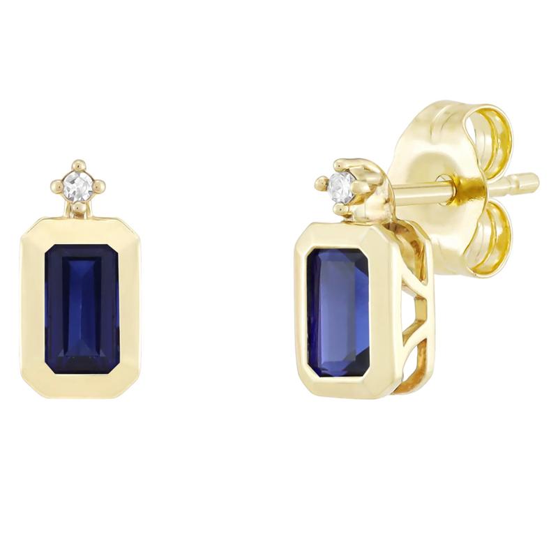 Emerald-Cut Lab-Created Blue Sapphire and Diamond Accent Bezel Earrings in 10K Yellow Gold – Image 1 of 1