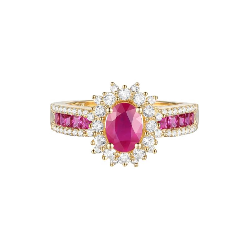 Ruby and Diamond Halo Ring in 14K Yellow Gold &#40;1/2 ct. tw.&#41; – Image 1 of 3