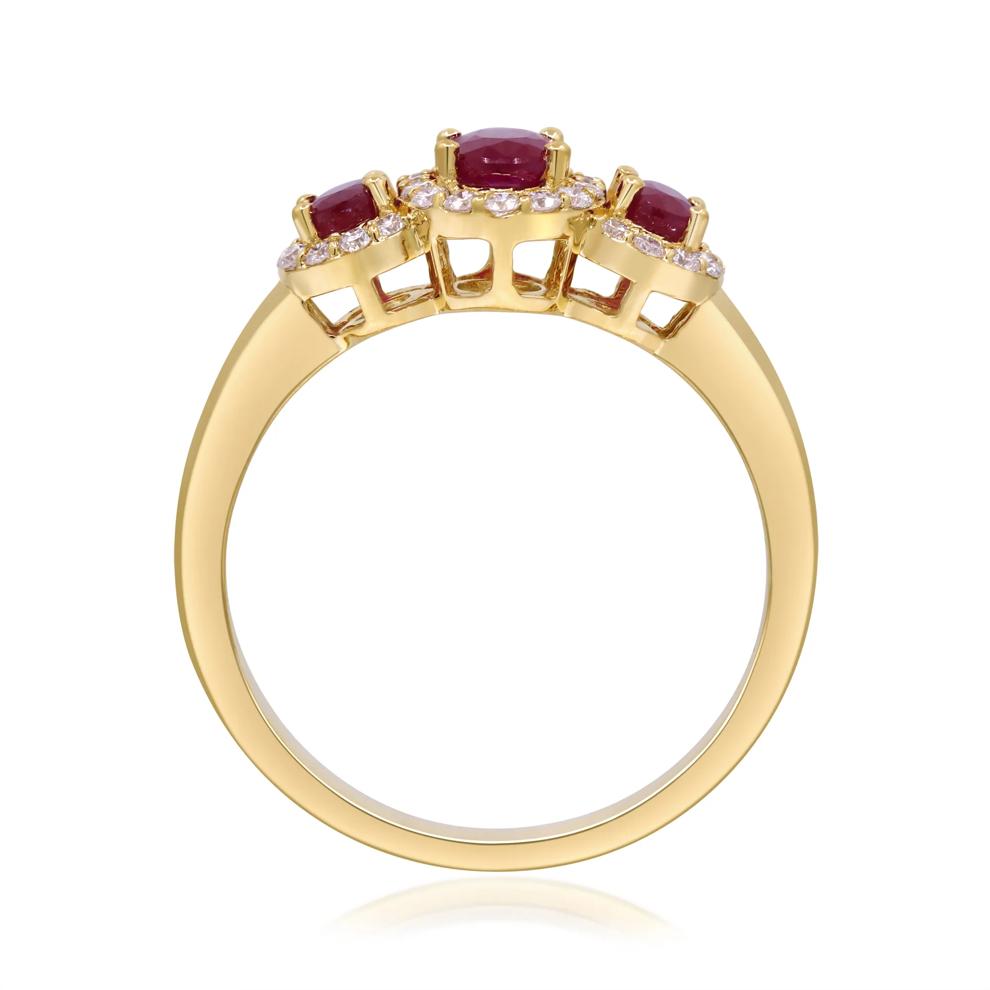 Oval Ruby &amp; Diamond Three-Stone Halo Ring in 10K Yellow Gold (1/4 ct. tw.) – Image 2 of 4