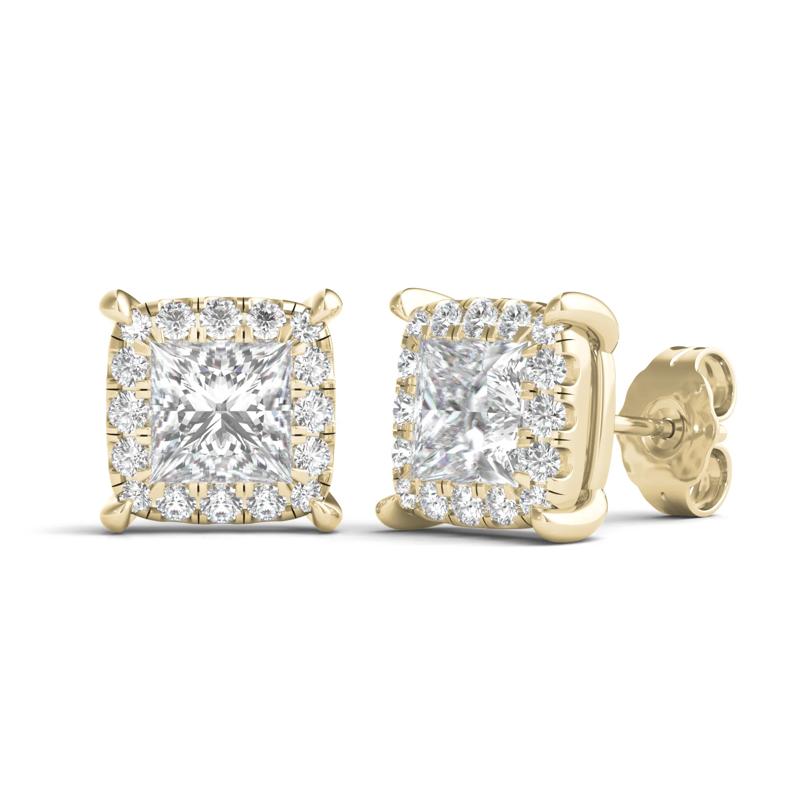 Lab Grown Diamond Princess-Cut Halo Earrings in 14K Yellow Gold (2 ct. tw.) – Image 1 of 1