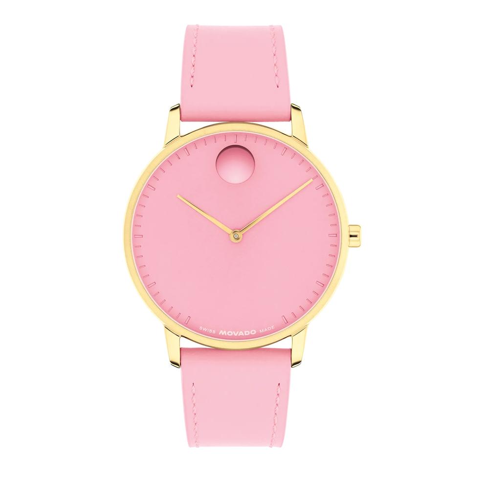 Face Watch With Pink Leather Strap in Stainless Steel, 39mm – Image 1 of 3