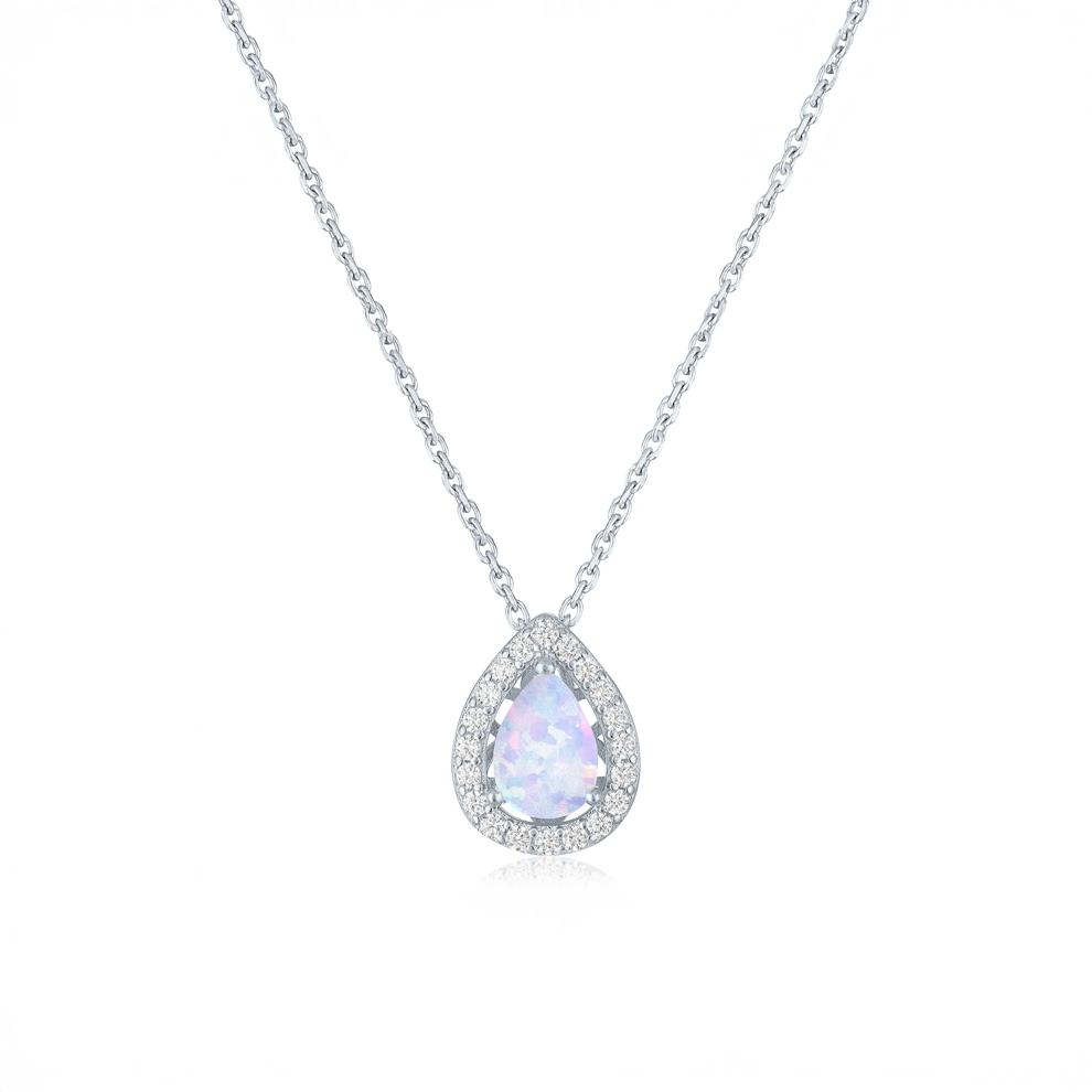 Lab-Created Opal &amp; Diamond Halo Pendant Necklace in Sterling Silver (1/5 ct. tw.) – Image 1 of 4
