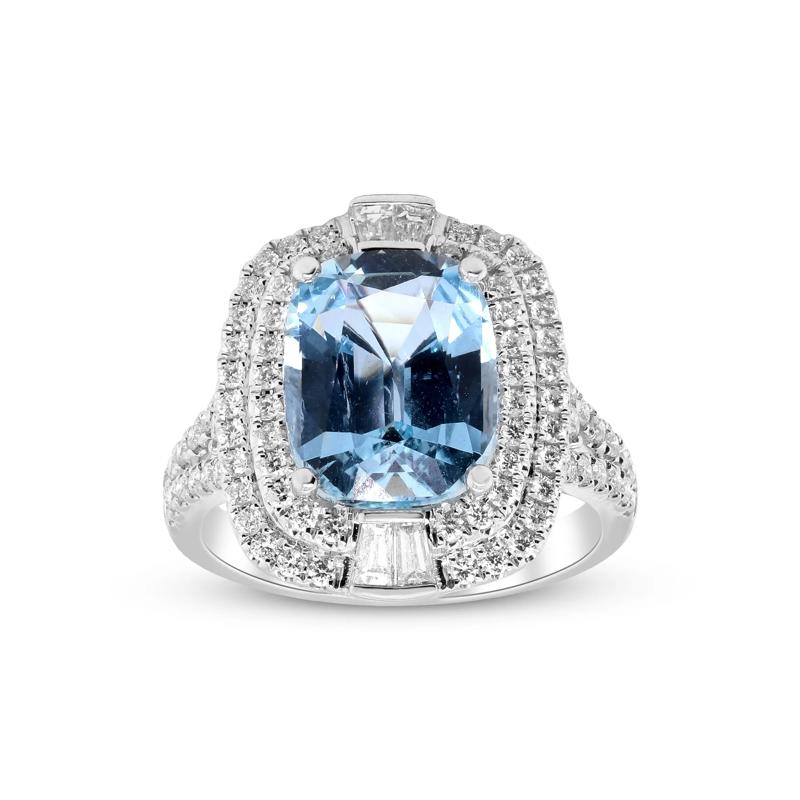 Aquamarine and Diamond Halo Ring in 18K White Gold &#40;7/8 ct. tw.&#41; – Image 1 of 4