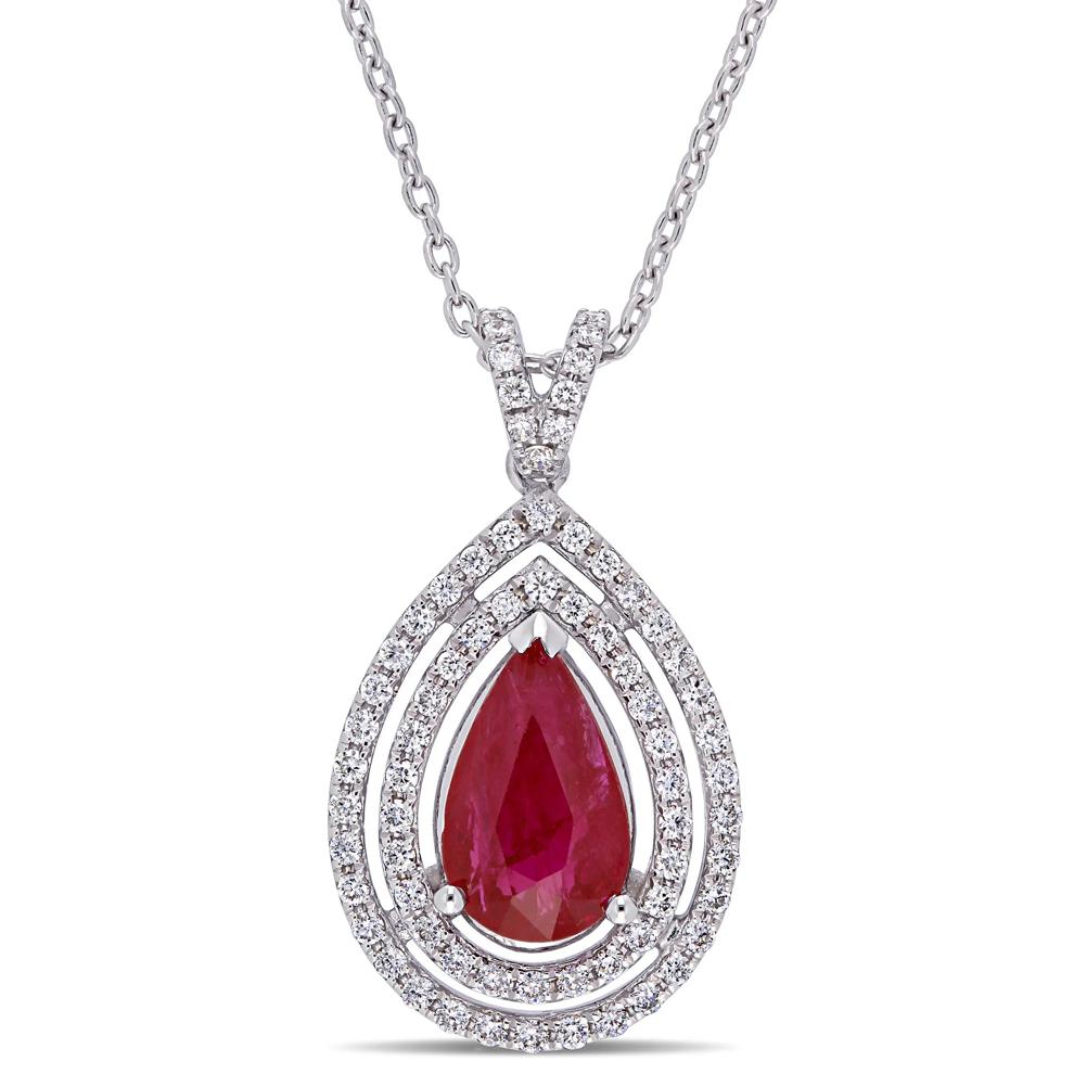 Ruby and Diamond Double Halo Pendant in 18K White Gold (1/4 ct. tw.) – Image 1 of 5