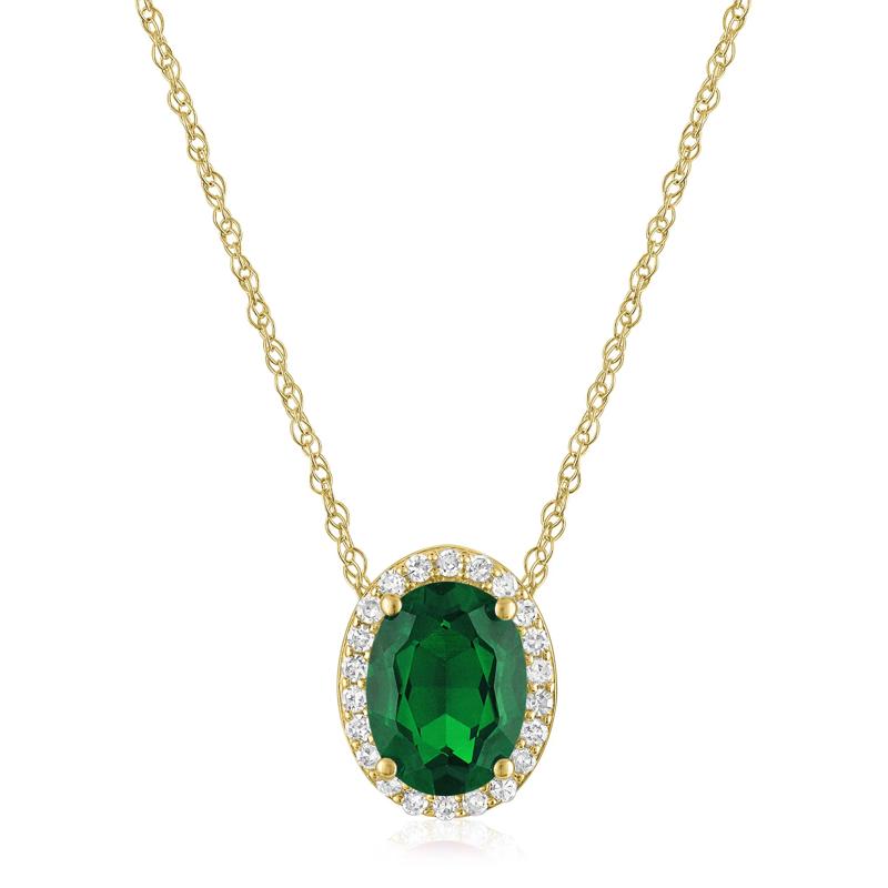 Oval Lab-Created Emerald and Diamond Accent Halo Pendant in 10K Yellow Gold – Image 1 of 3