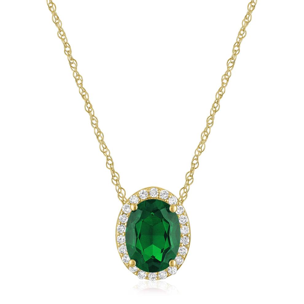 Oval Lab-Created Emerald and Diamond Accent Halo Pendant in 10K Yellow Gold – Image 1 of 3