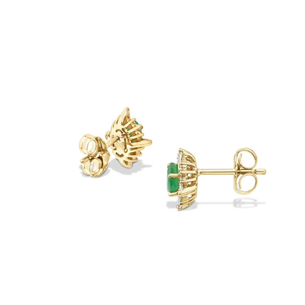 Emerald &amp; Diamond Starburst Halo Stud Earrings in 10K Yellow Gold (1/7 ct. tw.) – Image 2 of 2