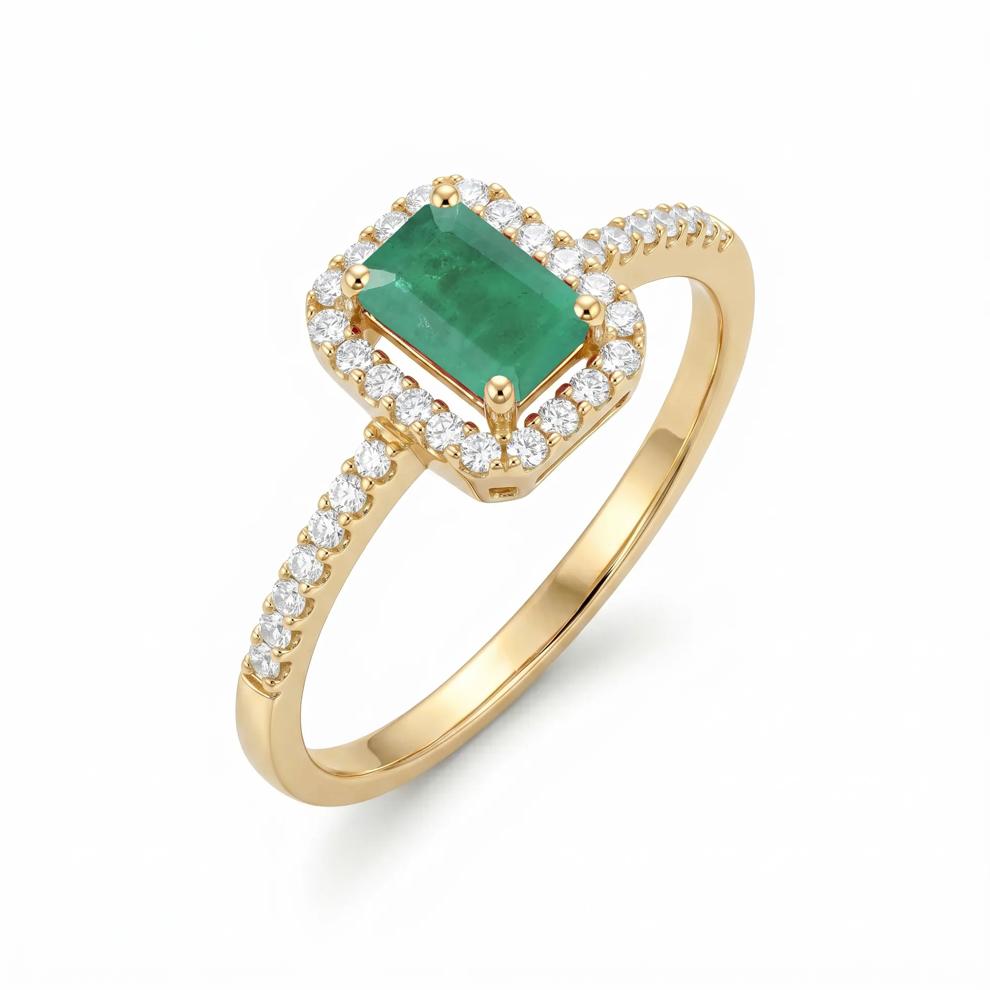 Emerald &amp; Diamond Halo Ring in 10K Yellow Gold (1/5 ct. tw.) – Image 4 of 4